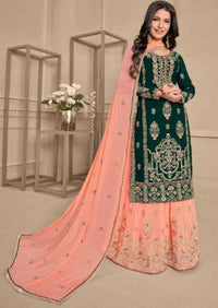 Dark Green & Coral Pure Georgette Front Heavy Embroidery Work Palazzo Suit