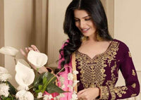 Purple & Salmon Pink Pure Georgette Front Heavy Embroidert Palazzo Suit