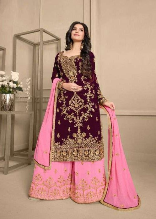 Purple & Salmon Pink Pure Georgette Front Heavy Embroidert Palazzo Suit
