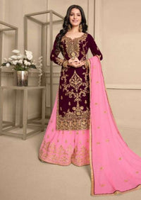 Purple & Salmon Pink Pure Georgette Front Heavy Embroidert Palazzo Suit