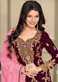 Purple & Salmon Pink Pure Georgette Front Heavy Embroidert Palazzo Suit