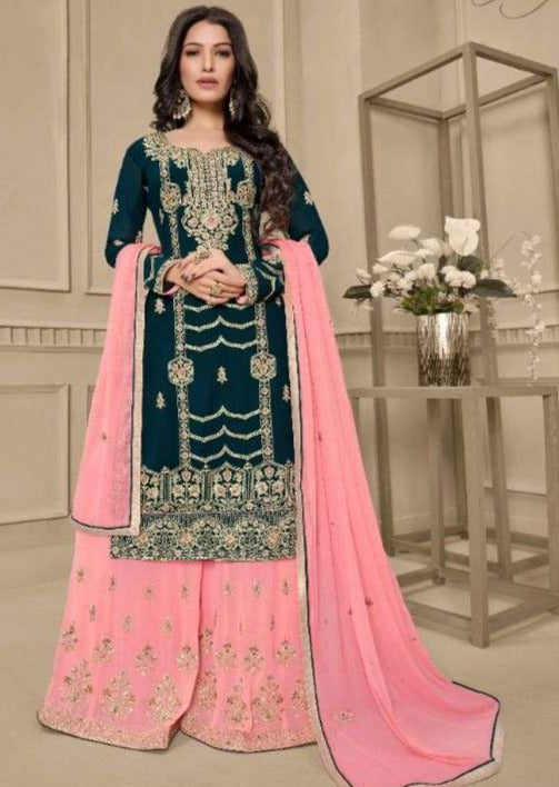 Teal Green & Pale Pink Pure Georgette Front Heavy Embroidery Palazzo Suit