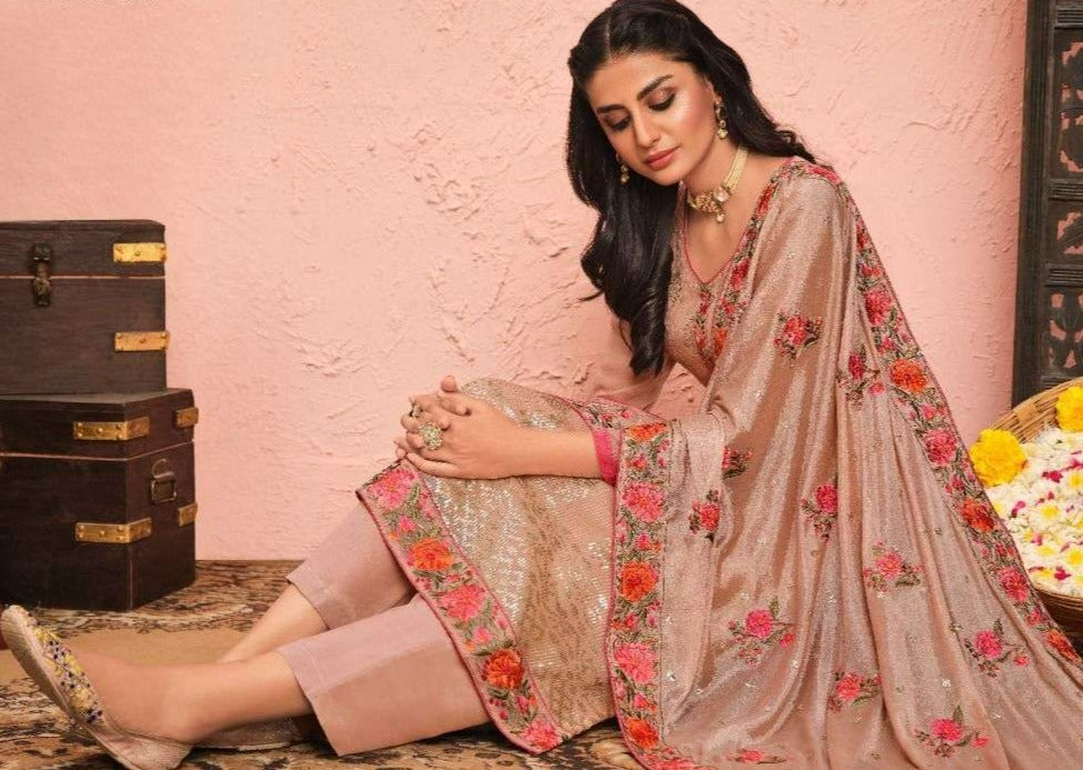 Latte & Red Georgette Sequence Heavy Embroidery Work Pant Suit