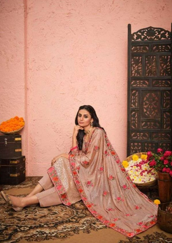 Latte & Red Georgette Sequence Heavy Embroidery Work Pant Suit