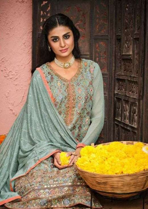 Sea Green Georgette Front Heavy Embroidery Work Pant Suit