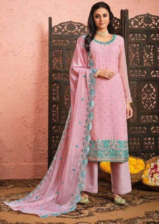 Light Pink & Aqua Blue Georgette Heavy Embroidery Work Pant Suit