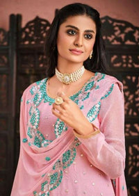 Light Pink & Aqua Blue Georgette Heavy Embroidery Work Pant Suit
