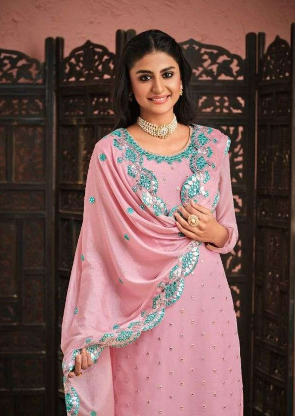 Light Pink & Aqua Blue Georgette Heavy Embroidery Work Pant Suit