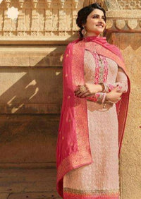 Cream & Red Schiffli Georgette Embroidery Work Pant Suit