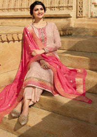 Cream & Red Schiffli Georgette Embroidery Work Pant Suit