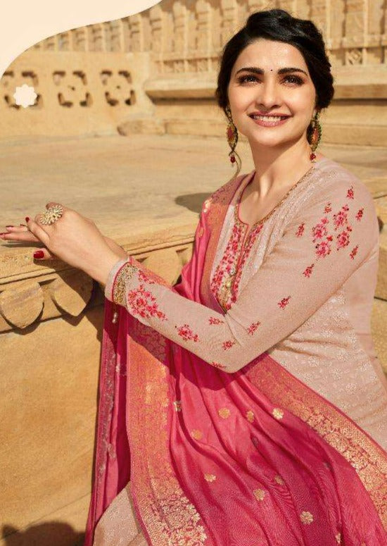 Cream & Red Schiffli Georgette Embroidery Work Pant Suit