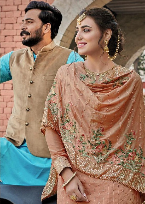 Peach Heavy Chinon Embroidered Palazzo Suit