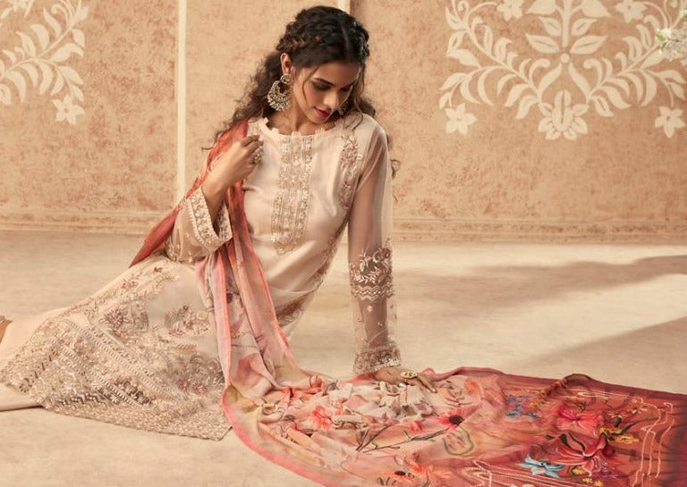 Beige Floral Net Embroidered Banglori Silk Pant Suit