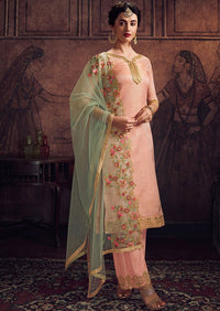 Peach & MInt Green Jacquard Embroidered Palazzo Suit