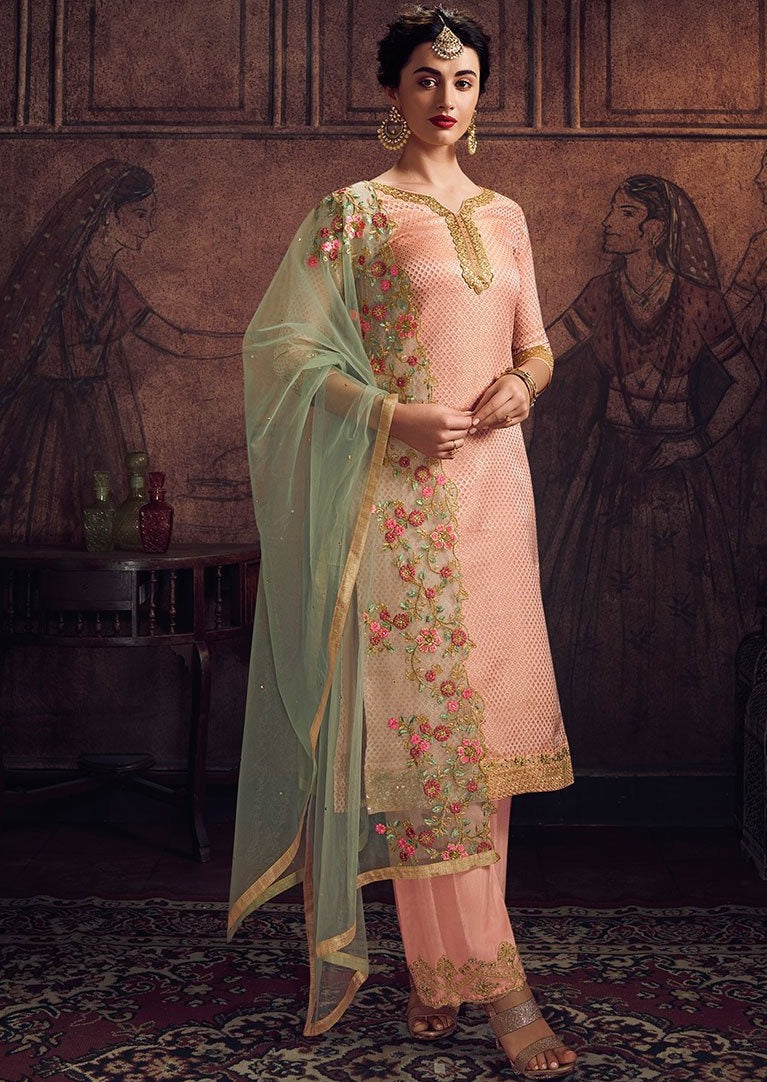 Peach & MInt Green Jacquard Embroidered Palazzo Suit