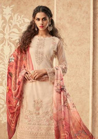 Beige Floral Net Embroidered Banglori Silk Pant Suit