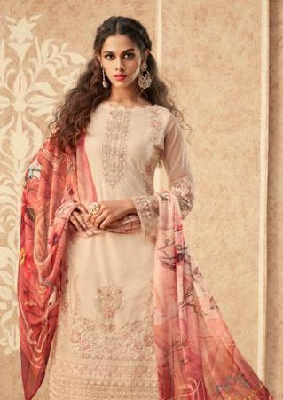Beige Floral Net Embroidered Banglori Silk Pant Suit