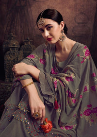 Grey & Pink Georgette Embroidered Palazzo Suit