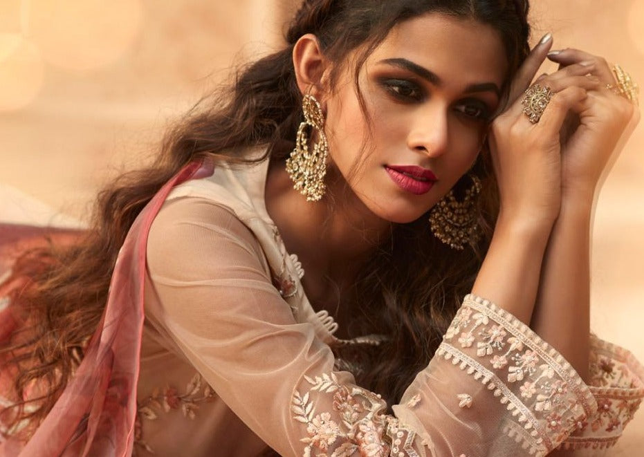 Beige Floral Net Embroidered Banglori Silk Pant Suit