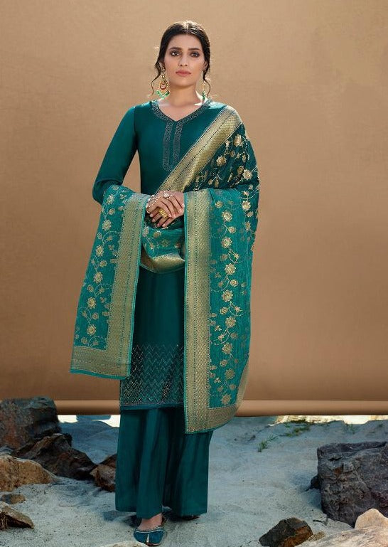 Teal Swarovski Satin Georgette Embroidered Palazzo Suit