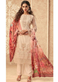 Beige Floral Net Embroidered Banglori Silk Pant Suit