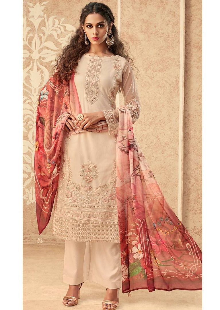 Beige Floral Net Embroidered Banglori Silk Pant Suit
