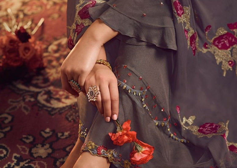 Grey & Pink Georgette Embroidered Palazzo Suit