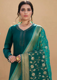 Teal Swarovski Satin Georgette Embroidered Palazzo Suit