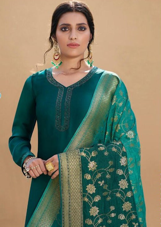 Teal Swarovski Satin Georgette Embroidered Palazzo Suit