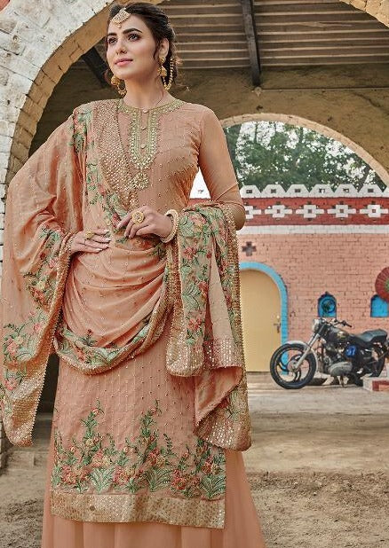Peach Heavy Chinon Embroidered Palazzo Suit