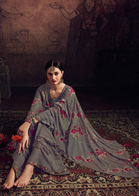Grey & Pink Georgette Embroidered Palazzo Suit