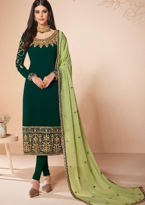 Dark Green & Mint Green Georgette Heavy Embroidered Churidar Suit