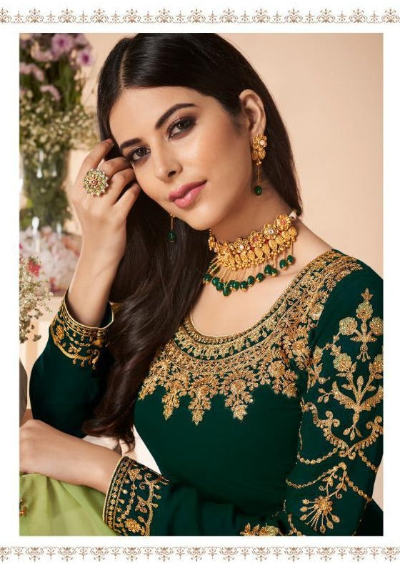 Dark Green & Mint Green Georgette Heavy Embroidered Churidar Suit