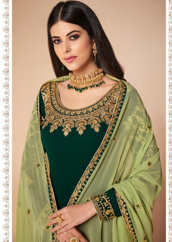 Dark Green & Mint Green Georgette Heavy Embroidered Churidar Suit