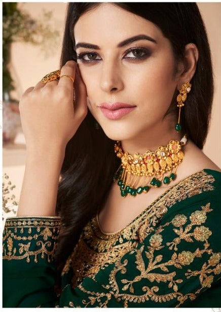 Dark Green & Mint Green Georgette Heavy Embroidered Churidar Suit
