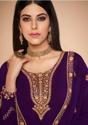 Purple Georgette Heavy Embroidered Churidar Suit