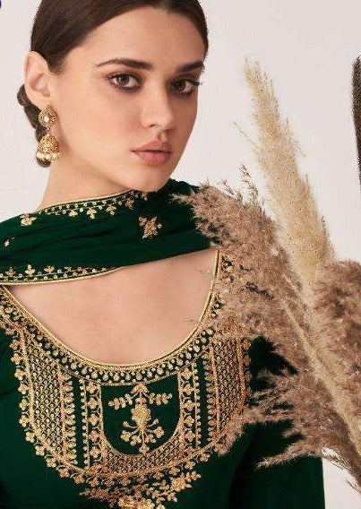 Dark Green Georgette Heavy Embroidered Pant Suit