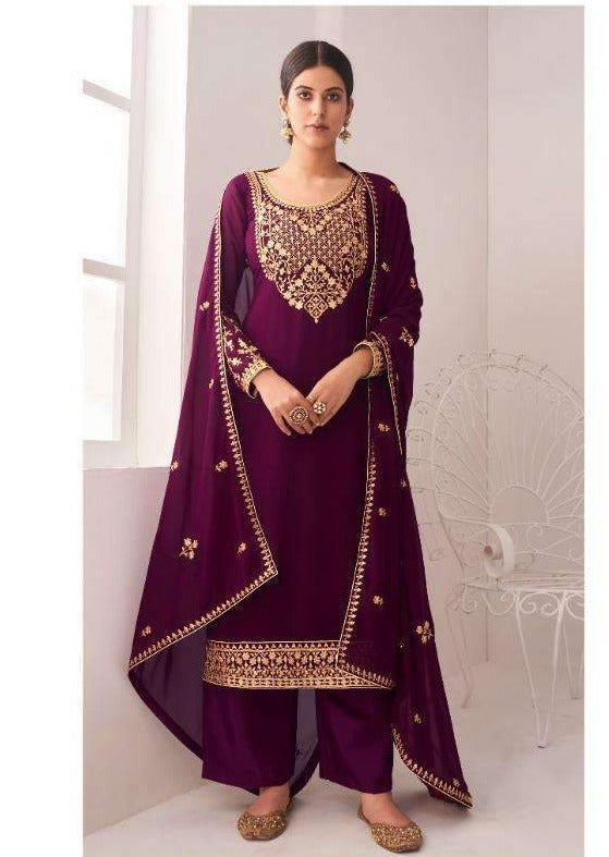 Purple Georgette Heavy Embroidered Pant Suit