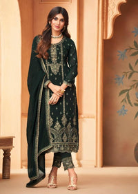 Dark Green Heavy Blooming Georgette Embroidered Pant Suit