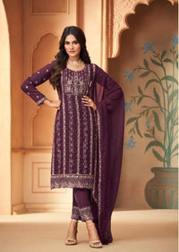 Purple Heavy Blooming Georgette Embroidered Pant Suit