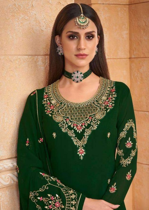 Dark Green Heavy Blooming Georgette Diamond Embroidered Pant Suit