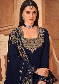 Dark Blue Heavy Blooming Georgette Diamond Embroidered Pant Suit