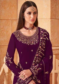 Purple Heavy Blooming Georgette Diamond Embroidered Pant Suit