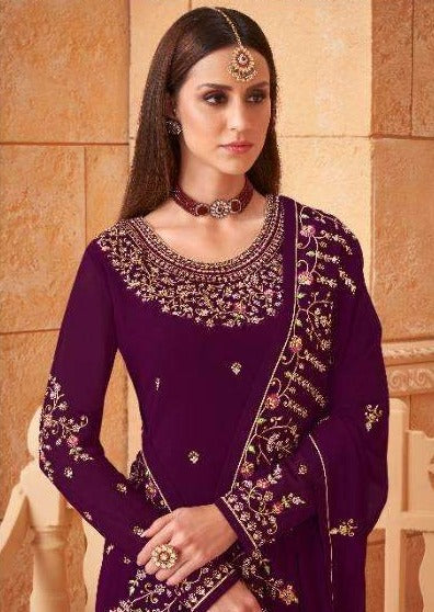 Purple Heavy Blooming Georgette Diamond Embroidered Pant Suit