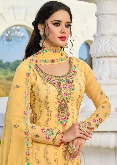 Yellow Georgette Full Heavy Embroidered Palazzo Suit