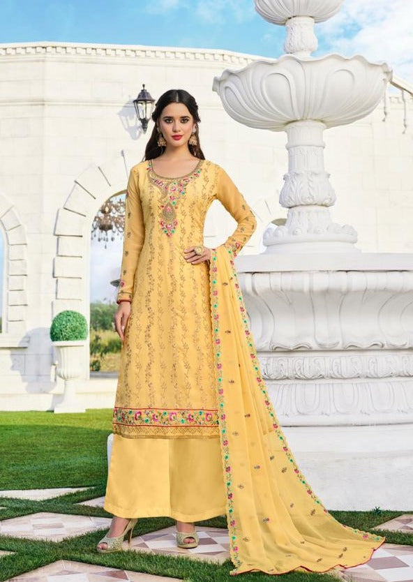 Yellow Georgette Full Heavy Embroidered Palazzo Suit