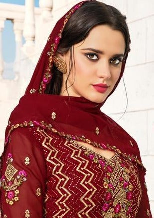 Burgundy Georgette Full Heavy Embroidered Palazzo Suit