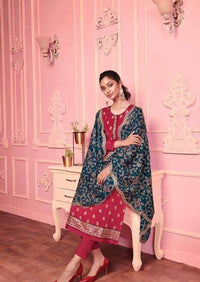 Pale Red & Navy Blue Georgette Sequence Heavy Embroidered Pant Suit