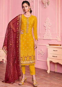 Mustard & Red Georgette Sequence Heavy Embroidered Pant Suit