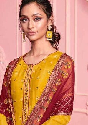 Mustard & Red Georgette Sequence Heavy Embroidered Pant Suit